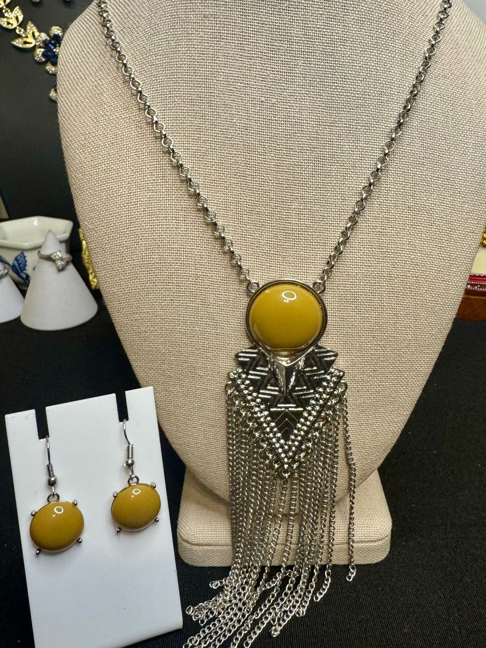 Statement Yellow Tassel Pendant Necklace and Earring Set